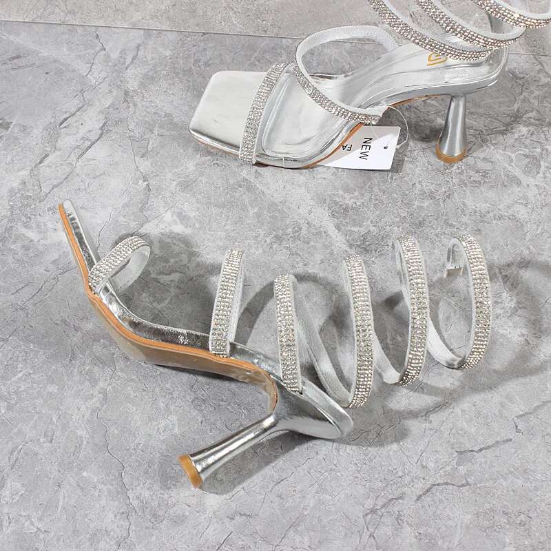 Fashion Women 2024 Summer New Crystal Snake Spring Shoes Ankle Around High Heels Stiletto Sexy Party Women's Sandals 9Cm