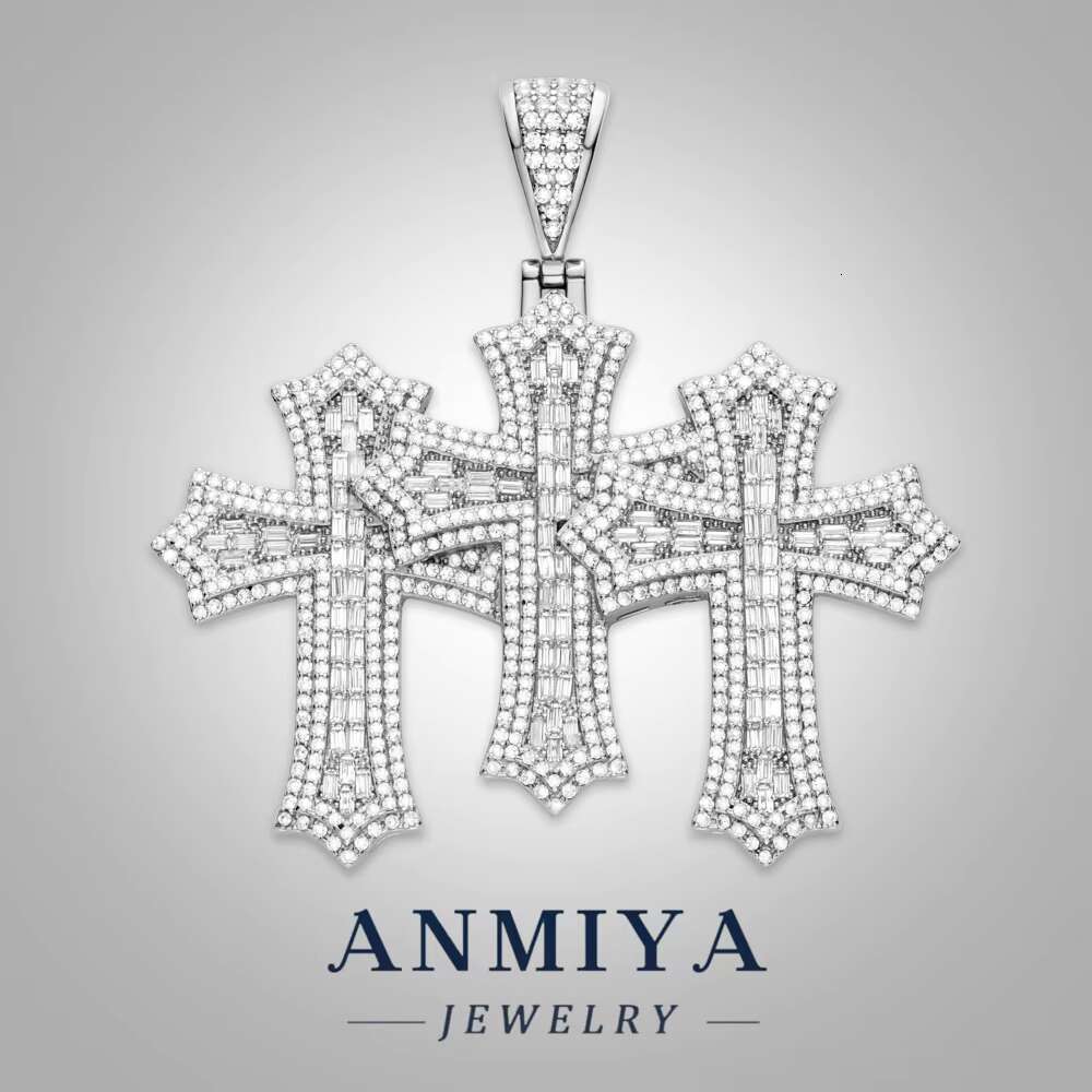 ANMIYA Custom Hip Hop Jewelry 925 Sterling Silver Solid Diamond Mens Moissanite Cross Pendant