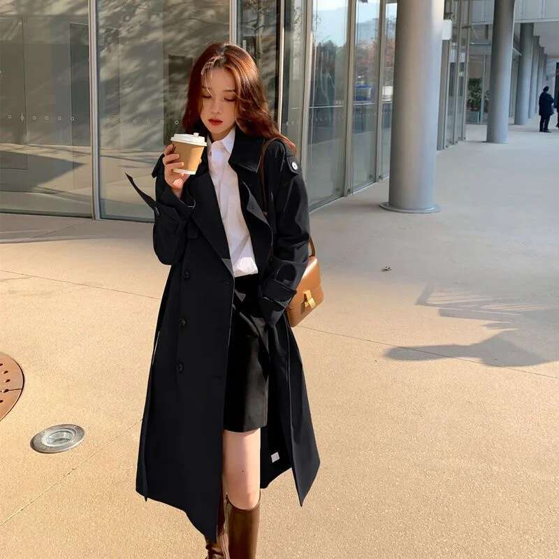 Streetwear Loose Trench Midi Length Fashion Korean Elegant Khaki Black Women's Windbreaker Coat Casual Double Breasted Tops