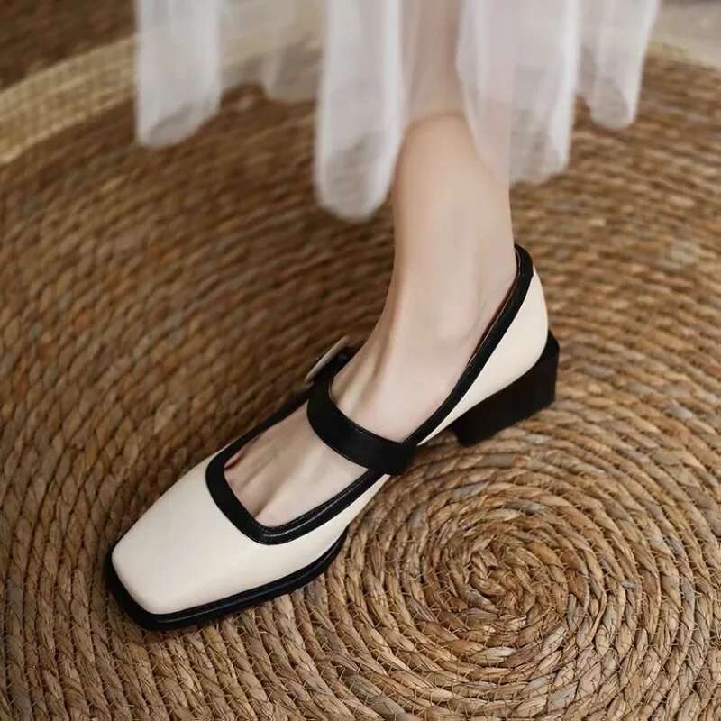 2025 Summer New Low Heel Shallow Mouth Single Button Shoes for Daily Commuting Multi functional Designer Fashion Square Heel Shoes