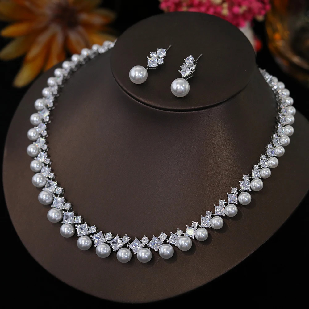 Elegant White CZ Wedding Accessories for Women Brides Classic Round Pearl Necklace and Earrings Costume Jewelry Sets X0482 250318
