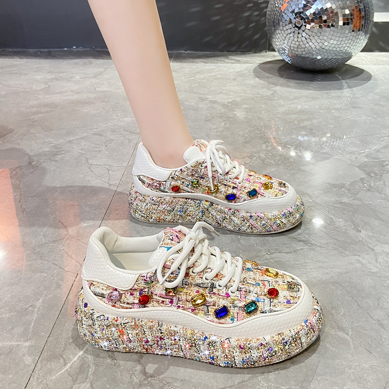 2025 European Style Summer New Light Luxury Breathable Single Shoe Thick Sole Casual Sports Rhinestone Mesh Shoes Women s Height Increasing Fashionabl