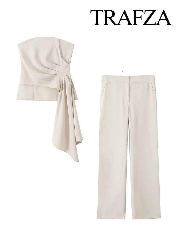 TRAFZA Women 2 Piece Set Solid Asymmetric Folds Side Zip Design Short Vest Top+Fashion Pockets High Waist Casual Wide Leg Pants