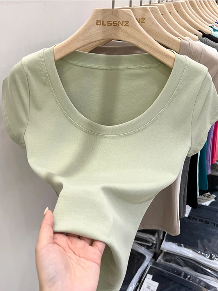 sexy square neckline ultra-thin T-shirt for womens cotton elastic basic solid womens casual top short sleeved ultra-thin T-shirt 250321
