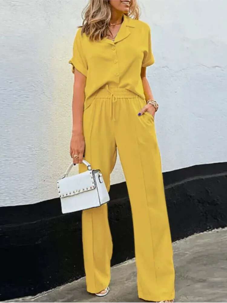 2025 Summer New Women Two Piece Sets Solid Color Short Sleeve Lapel Button Wide Leg Suit Female Fashion Casual Ladies Outfits