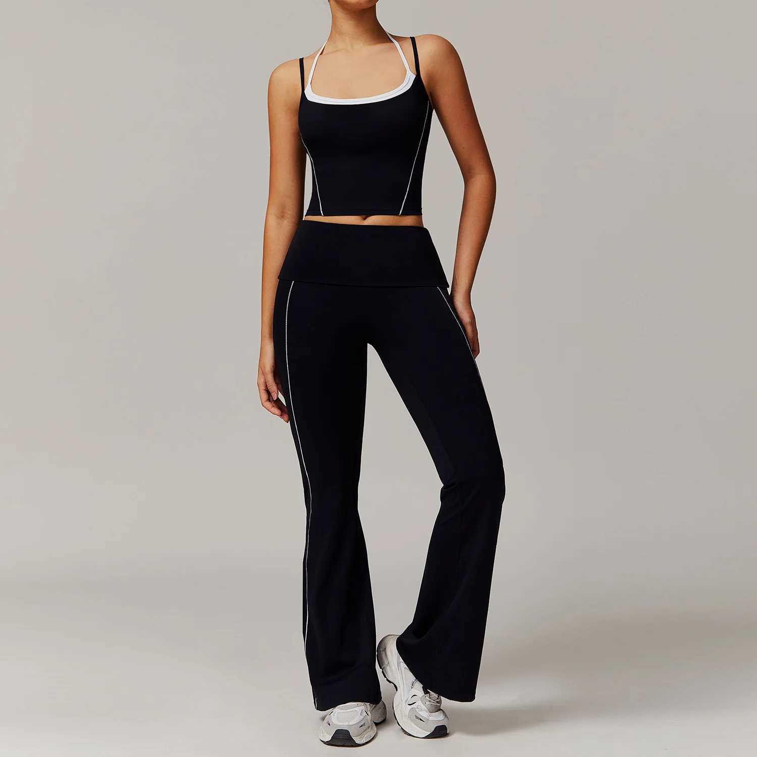 2PCS Womens Yoga Set Gym Fitness Training Track Yoga Sportswear Flared Trouser and Thin Shoulder Strap Stretching Sports Bra W250326