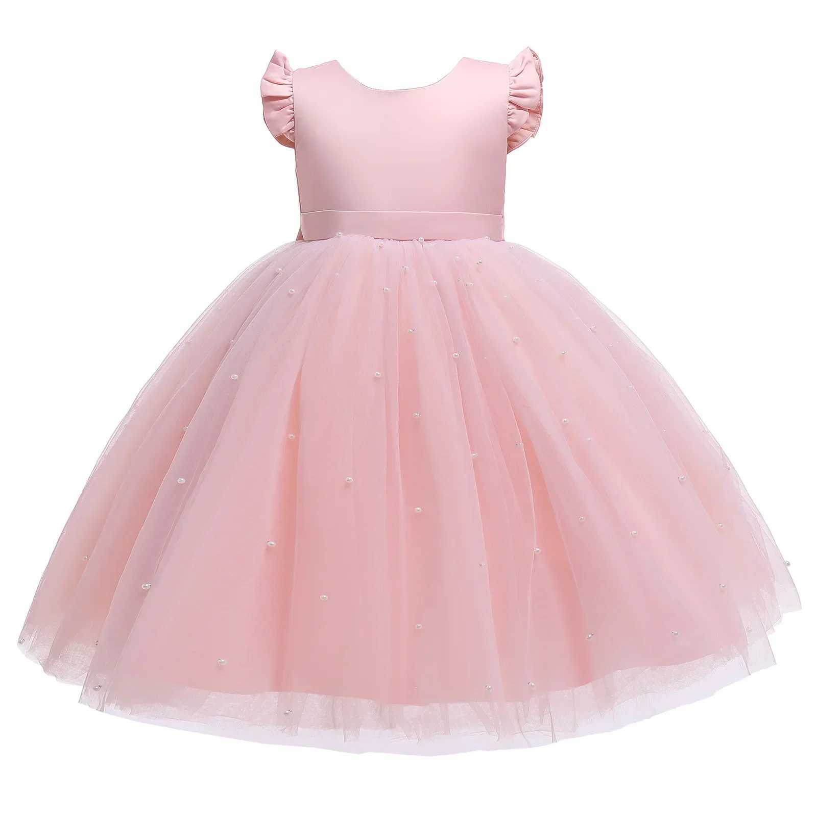 Summer girl flower birthday chiffon dress without back bow wedding dress childrens Par dress princess pink dress baby girl bow dress W250326