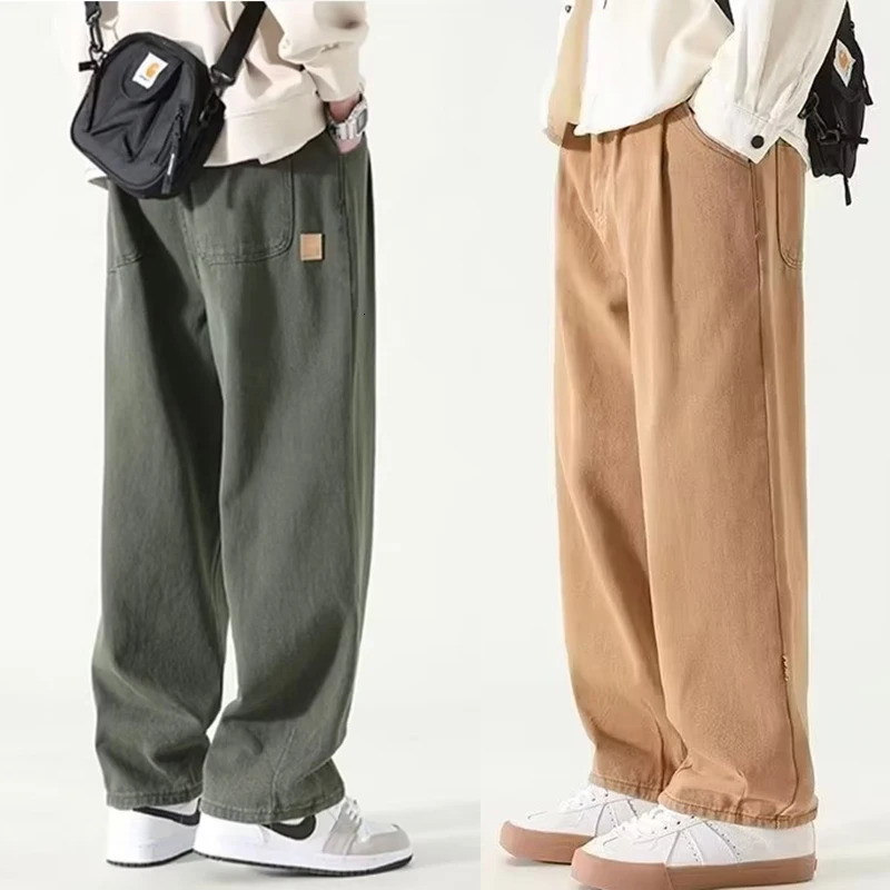 M3XL American fashion wide leg pants for men green khaki color runners bagged and dragged cargo cart Y2K fully matched 250326