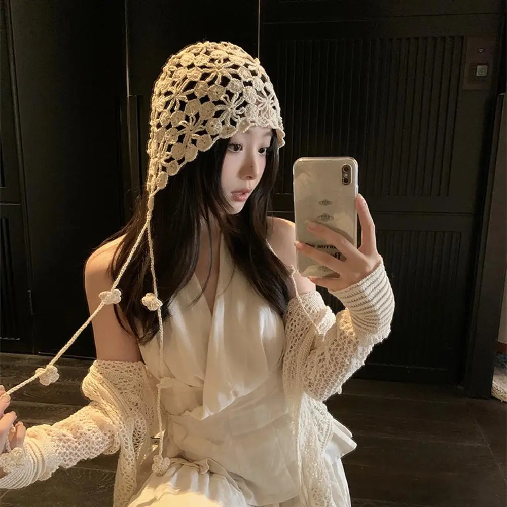 Handmade Hollow Out Crochet Knit Women Beanie Cap With Braid Spring Breathable Flower Berets Casual Pullover Skullies Hat Y2K 250321