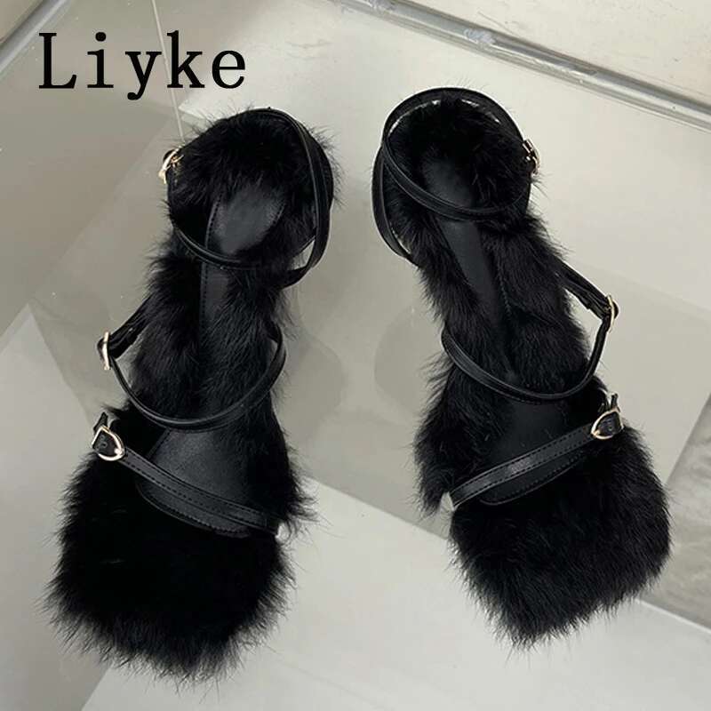 Liyke Size 35-40 Summer Party Dress Pink Sandals Women 2025 Fashion Fur Feather Thin High Heels Square Toe Buckle Strap Shoes