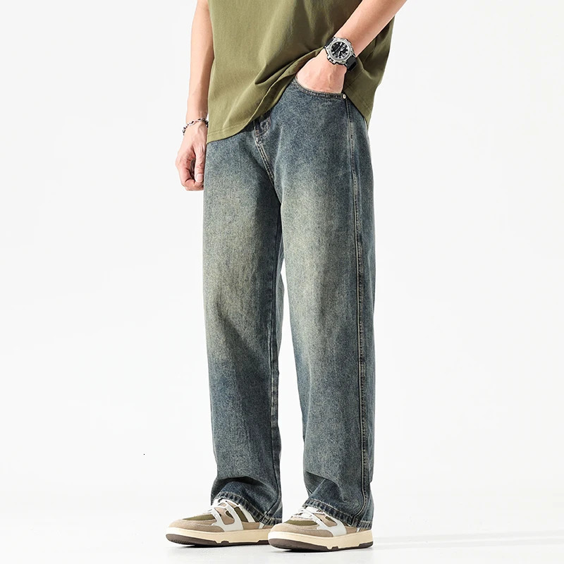 Wide leg jeans mens pocket pants summer straight cut loose fit vintage blue streetwear fashionable pockets clothing 250326