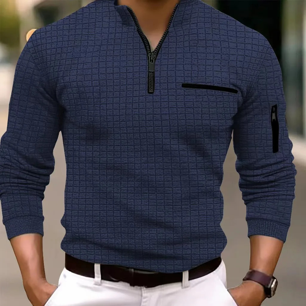 Spring and Autumn Mens Polo Shirt Solid Grid Flat Arm Zipper Fashion Breathable Sports Tshirt 250326