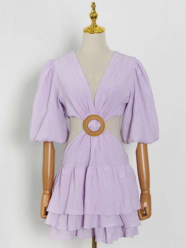 VGH Elegant Solid Hollow Out Mini Dress For Women V Neck Lantern Sleeve Patchwork Ruffled A e Dresses Female New Style