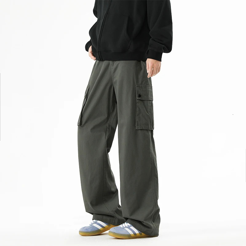 Men's Cotton Cargo Pants High Street Comfortable Loose Fit Wide Leg Pants Side Pockets Drawstring Waist Trousers Man Workwear 250321