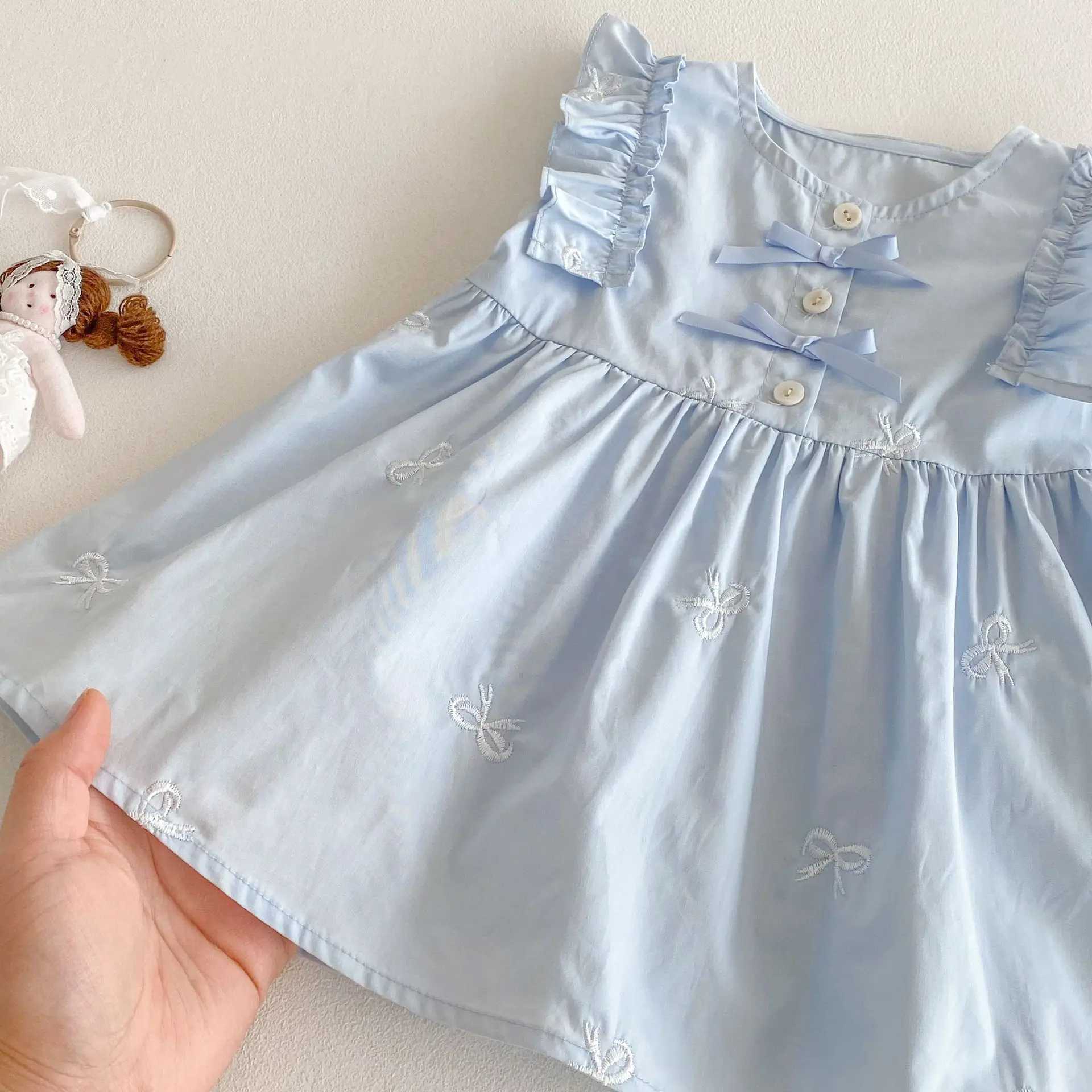 Girls Sweet Solid Color Dress 2025 Summer New Style Ruffle Shoulder Bow Embroidered Loose Childrens Dress W250326