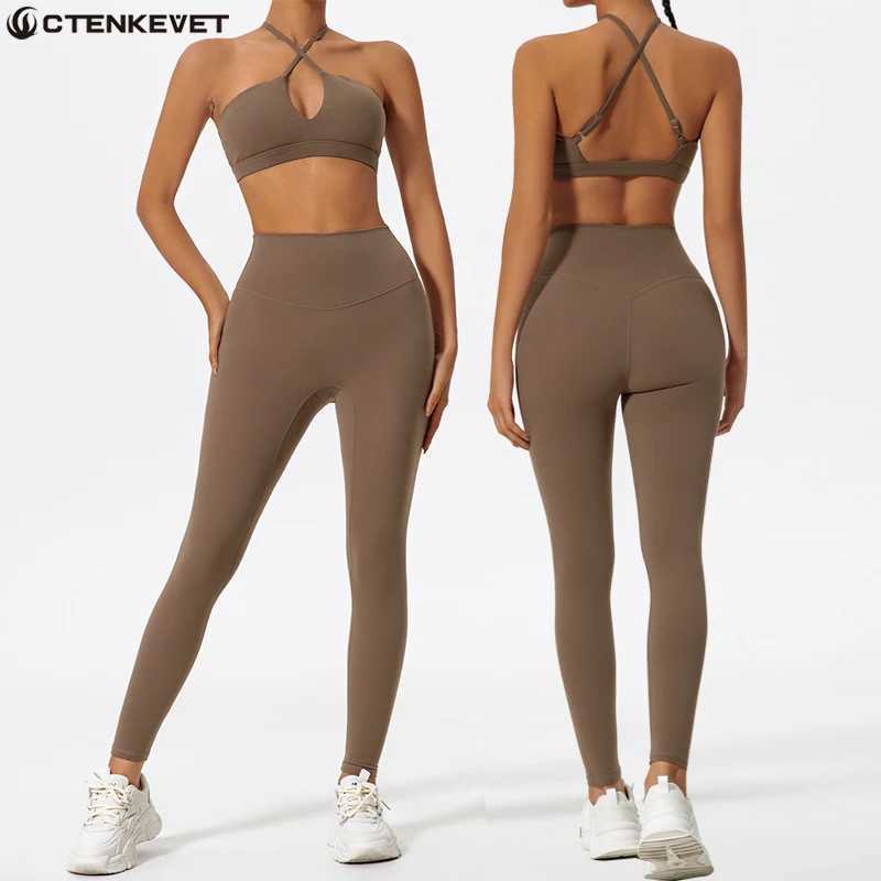 Ctenkevet two-piece womens sports suit chest cross yoga suit womens gym Bandeau sports bra set womens sportswear W250326
