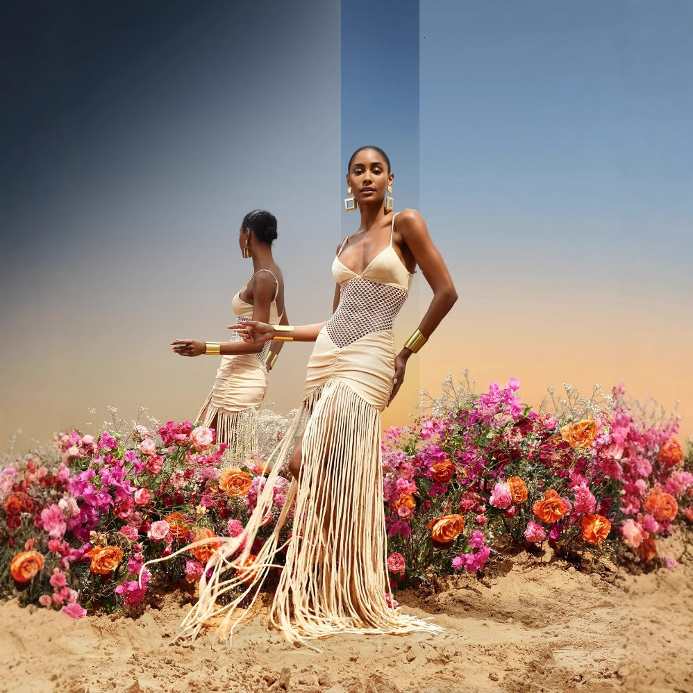 2025 spring/summer european and american fashion strap mesh open waist sexy folded bag hip tassel dress lX0110