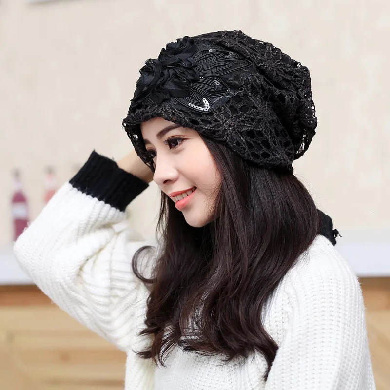Women Summer Lace Hollow Flower Thin Sun Hat Spring Autumn Windproof Warm Pregnant Confinement Cap Multifunction Headscarf W51 250321