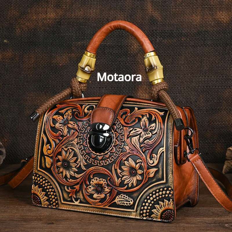 Motaora New Emed Shoulder Bag For Women's 2025 Vintage Handmade Handbag Female PU Leather Big Capacity Crossbody Bags Purse