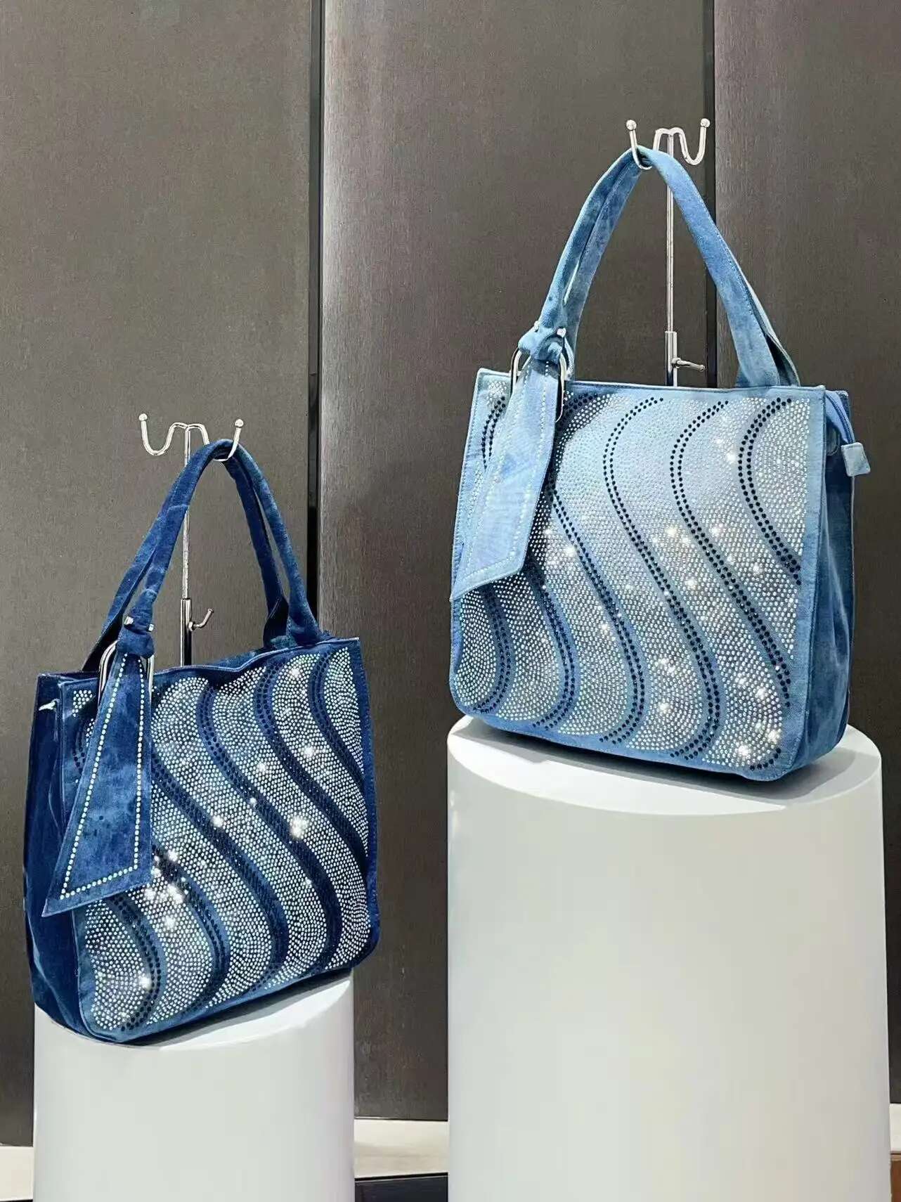 New Vintage Denim Jeans For Women Handbags Zipper Shine Rivets S Rhie Purse Woman Totes Female Shoulder Bag