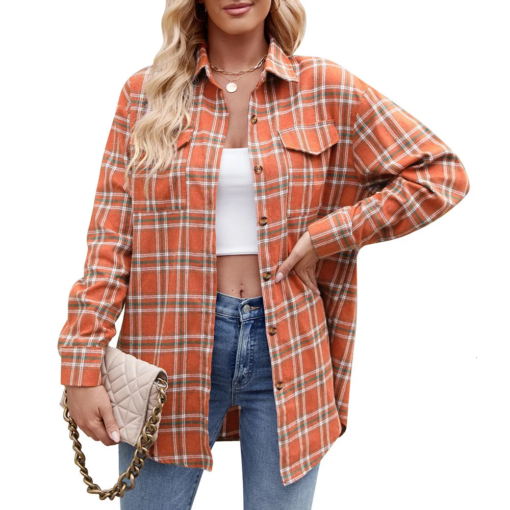 womens plain button top autumn loose warm long sleeved pocket casual shirt 250326