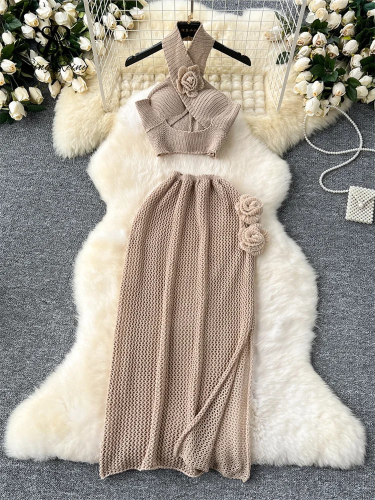 SINGREINY Summer 3D Knit Suits Halter Hollow Out Mini TopsLong Slim Side Split Skirt Women Beachwear Sexy 2 Pieces Sets 250324