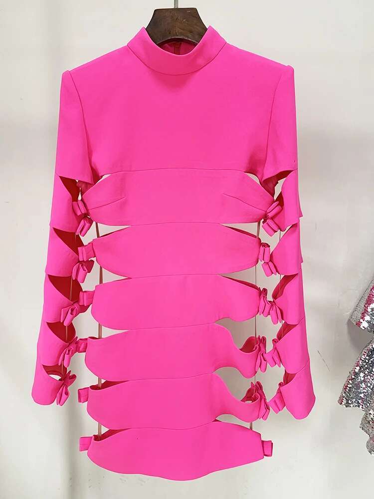 HIGH STREET Newest 2024 Designer Fashion Stylish Women's Long Sleeve Sexy Hollow Out Bow Dress Hot Pink
