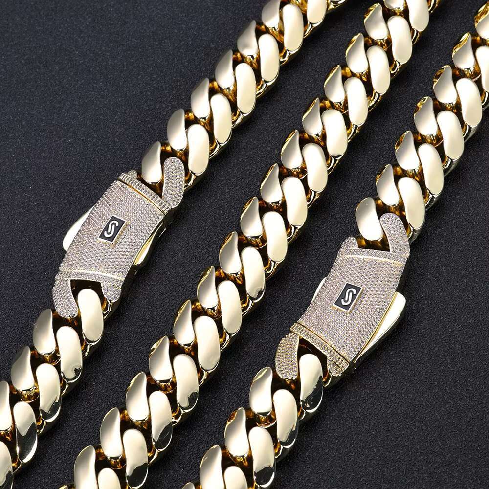 NUOYA Hiphop Jewelry Iced Out Diamond Clasp Flat Monaco Chain 14K Gold Plated Thick Cuban Link Chain Choker Necklace for Women