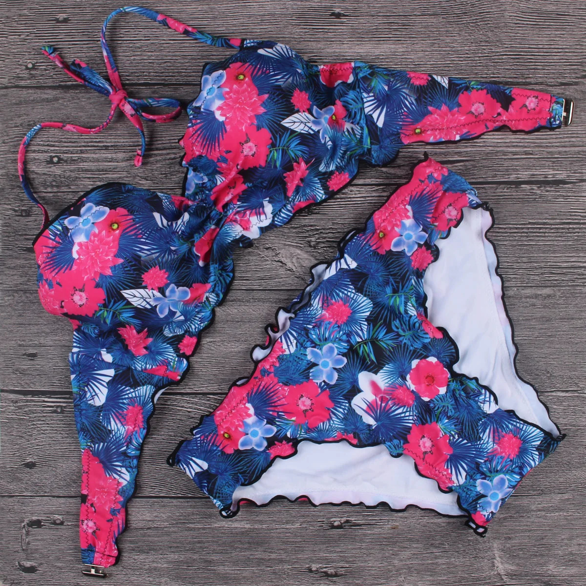 Sexy Bikini Swimsuit Womens Lettuce Floral Bathing Suit Swimwear Push Up Padded Beach Wear Swimming Suit Bikini 250324