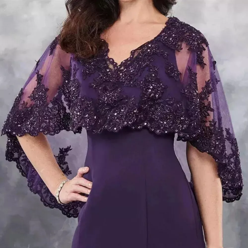 Elegant Long Mother Of The Bride Dresses Cape Sleeves Lace Appliques V-Neck Wedding Guest Gown 2025 Formal Party Prom Evening Dress For Women