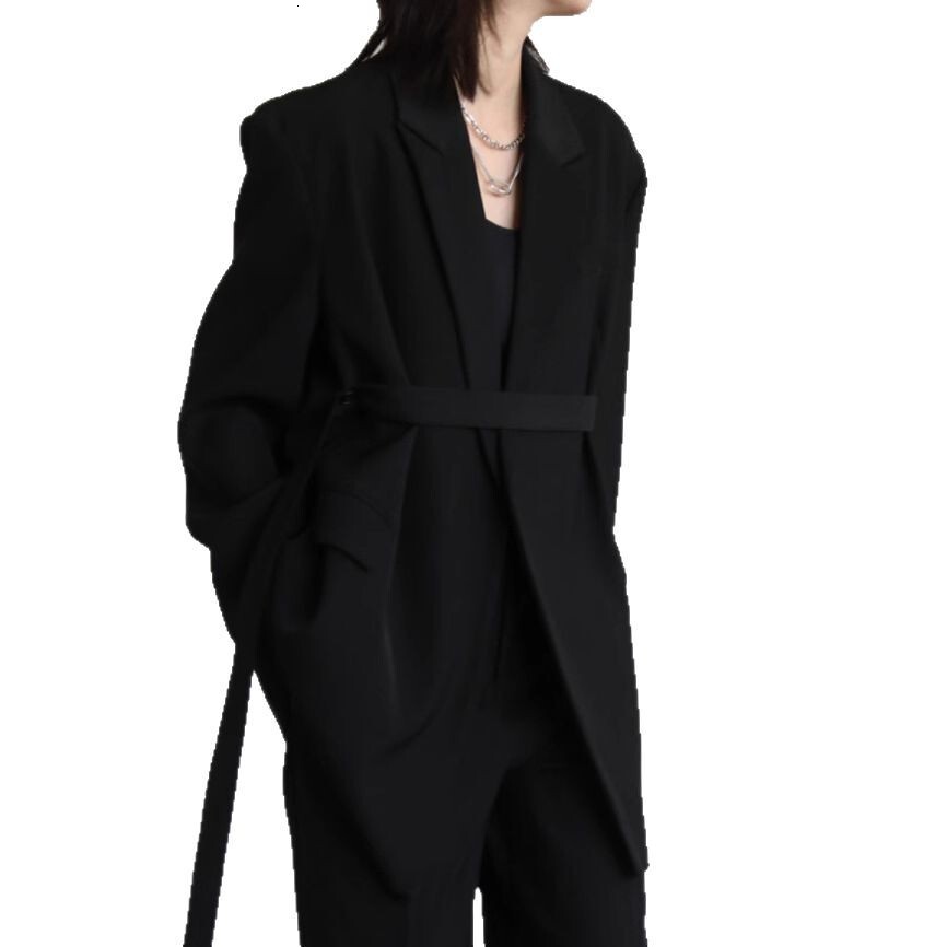 2025 high-end design sense niche wide shoulder ribbon mid length drape white jacket women's black spring and autumn suit