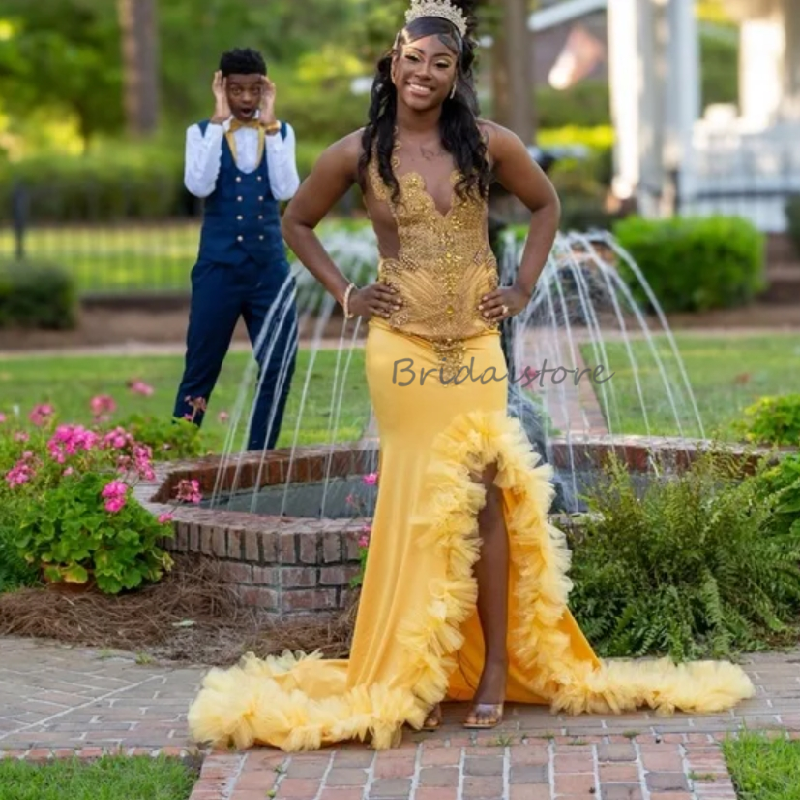 Charming Yellow Prom Dress With Slit Elegant Mermaid Black Girls Evening Dress Beaded Crystal Formal Occasion Party Birthday Dress 2025 Vestio De Fies