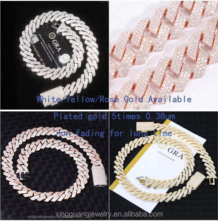 Rts Hip Hop VVS Moissanite Chains for Men GRA Moissanite Cuban Link Chain 925 Sterling Silver Gold Plate Fine Jewelry Necklaces