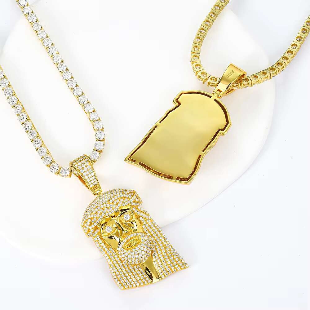 Yellow Gold Color 925 Silver Jewelry Hip Hop Ice Out Gra Cuban Tennis Necklace Chain Mossanite Moissanite Jesus Pendant
