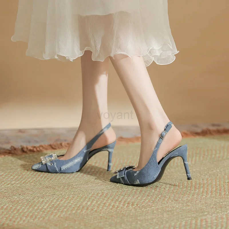 Wen Sexy Blue Denim Rhinestone High H Summer Korean Fashion Sandals Pointed Toe Thin H Pumps Par Dress Casual Shoes Z250326