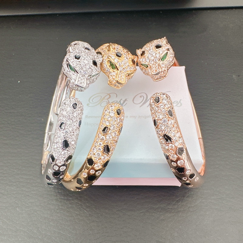 hion Panther Bangle Plated Gold Diamond Inlay Black Enamel Spots Green Eyes Leopard Head Open Cuff Ladies Sterling Silver Bangle S Z250910