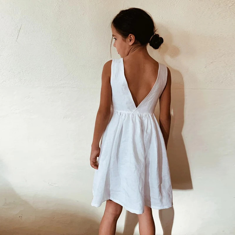 Girls Dress Summer Back Split Deep V-Neck Sleeveless Cotton And Linen Dresses TZ08 250326