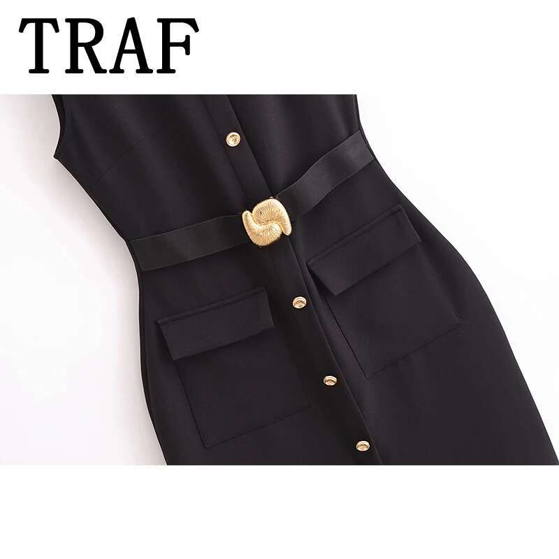 TRAF With Belt Midi Woman Elegant Long for Women 2025 Spring Dress Office Sleeveless Female Party Dresses