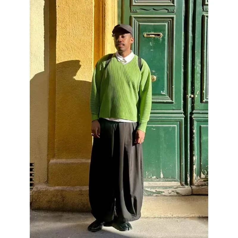 Miyake original pleated pants set for mens springsummer 2025 style solid color loose fit topharem commuting and leisure 250326