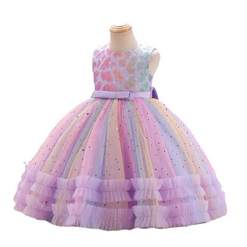 New girl embroidery star sequin rainbow mesh sleeveless dress Christmas party evening dress for girls aged 1-10 W250326