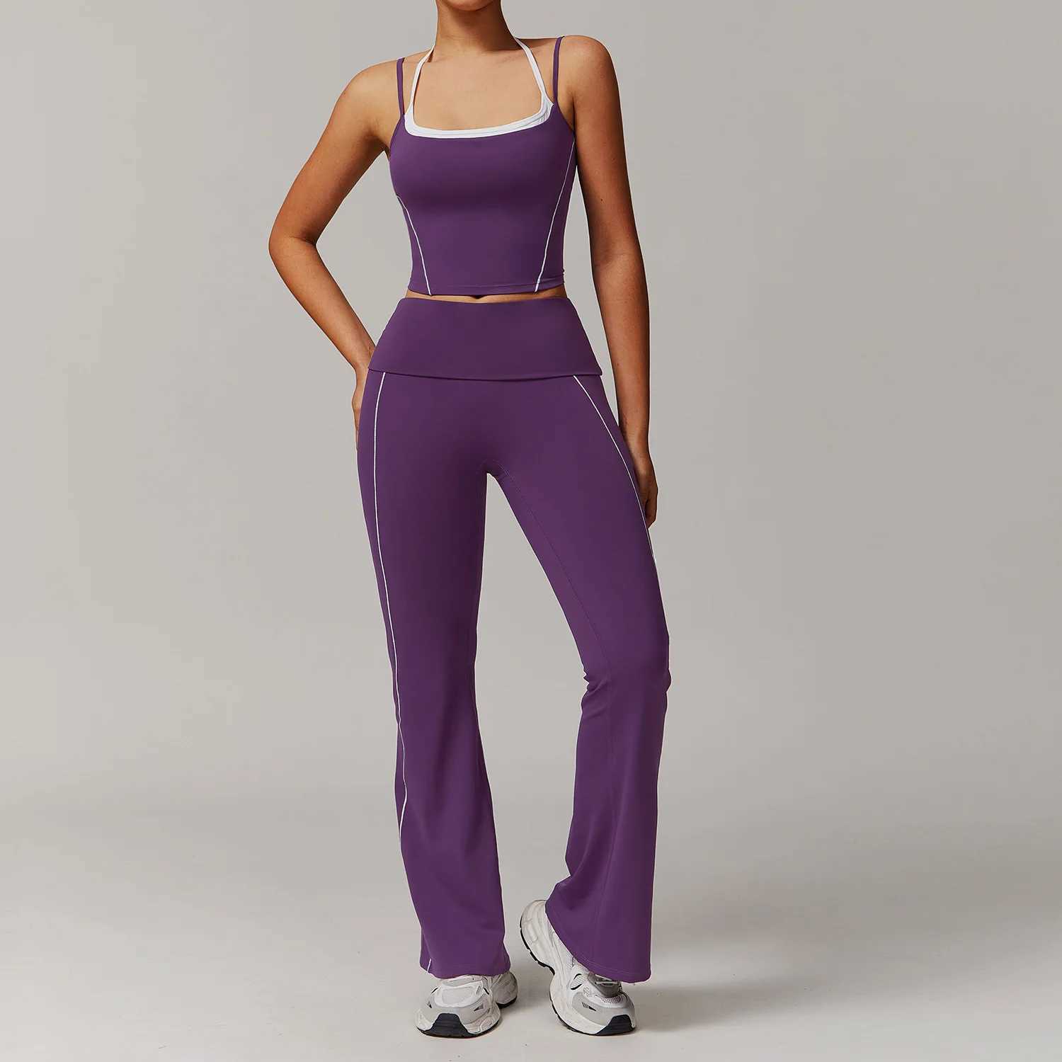 2PCS Womens Yoga Set Gym Fitness Training Track Yoga Sportswear Flared Trouser and Thin Shoulder Strap Stretching Sports Bra W250326