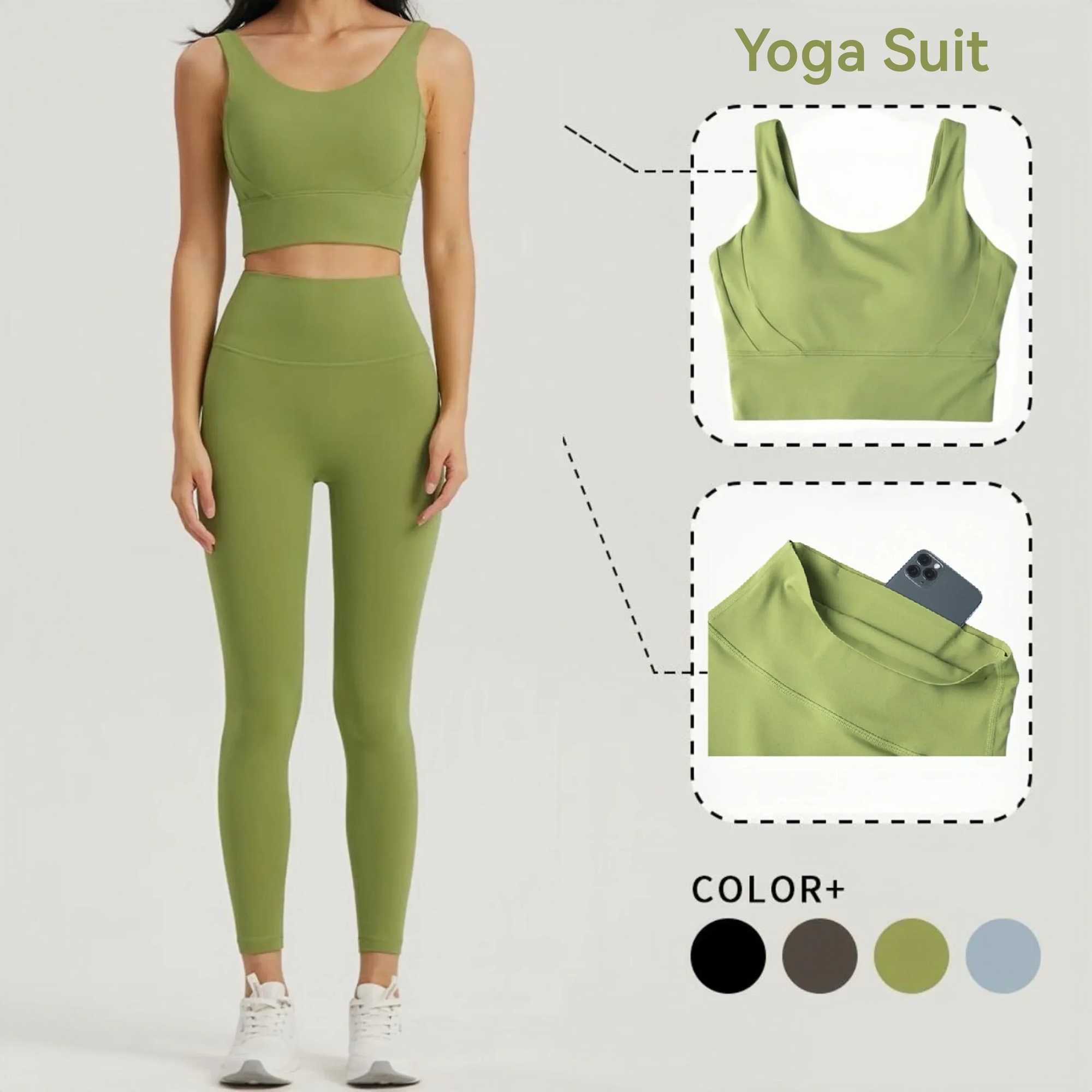 Seamless yoga set womens Lycra gym outfit sports bra semi fixed cup workout top tight fitting anti roll yoga legs with pockets W250326