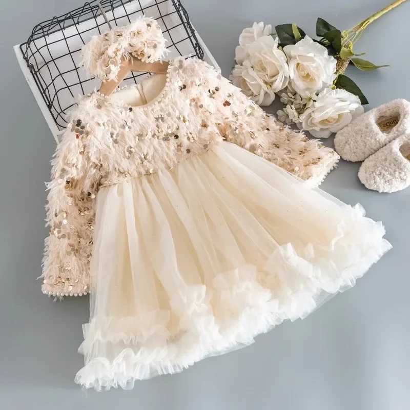 Childrens clothing girl dress 2023 winter new childrens plush and thick princess dress bow as a gift W250326