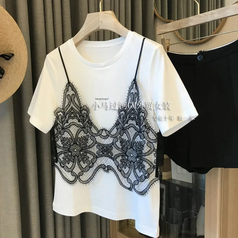 Summer Short Sleeve T-shirt Women Lace Sling Stitching Two-piece Tshirt Loose Round Neck Chic T-shirt 250321