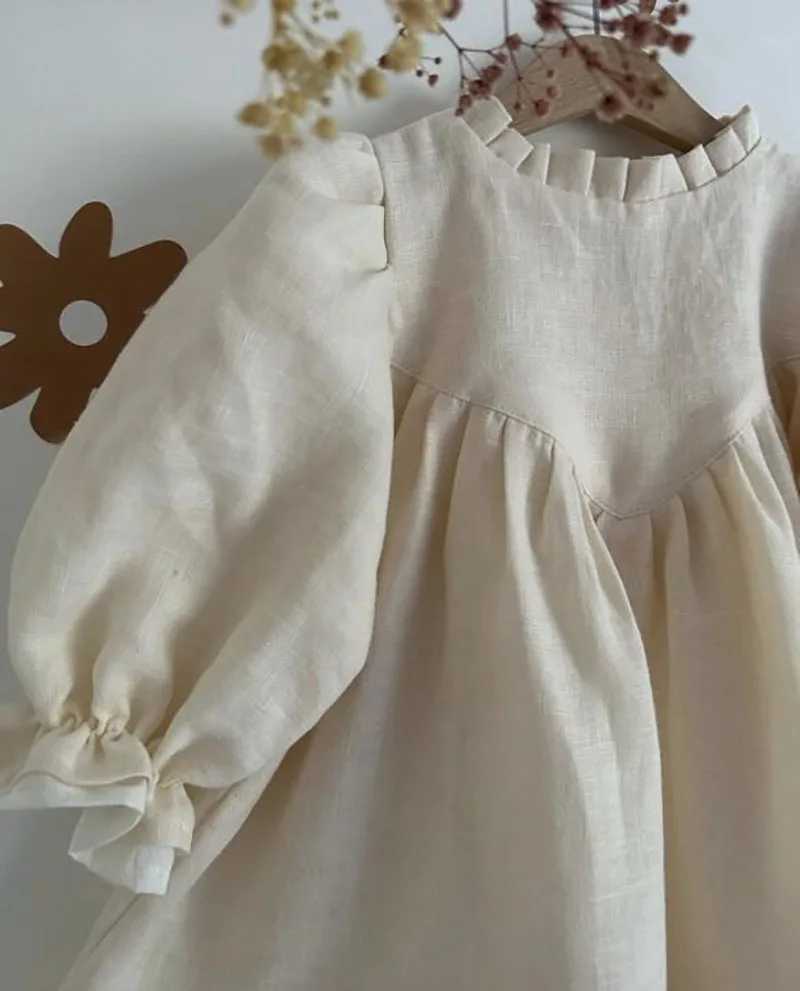 Spring Toddler Large A-line Girl Dress Linen Dress Girl Puff Sleeve Princess Childrens Clothing Patch Dress 2-7Y W250326