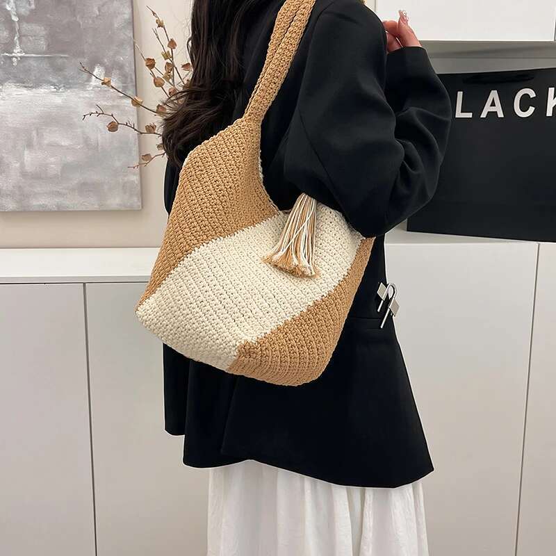 Large Capacity Woven For Women's Summer 2025 New Color Blocked Shoulder Bag, Versatile Vacation Beach Bag Paquete