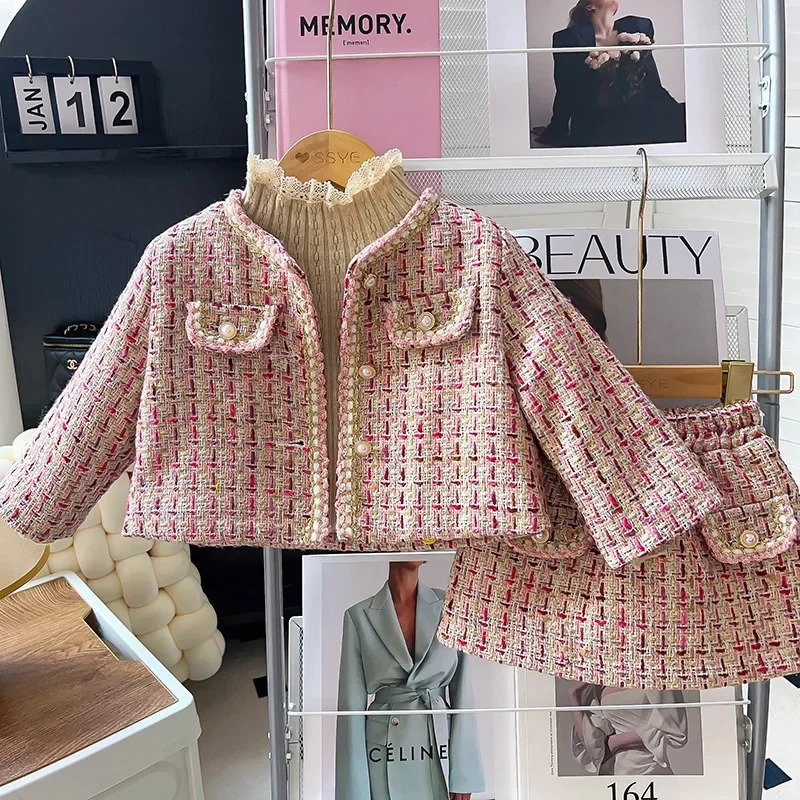 Winter Baby Girls Sets Round Collar Cotton Lining Thickened Tweed Jacket and Elastic Waist Skirt Little Girl Clothes A312 250325