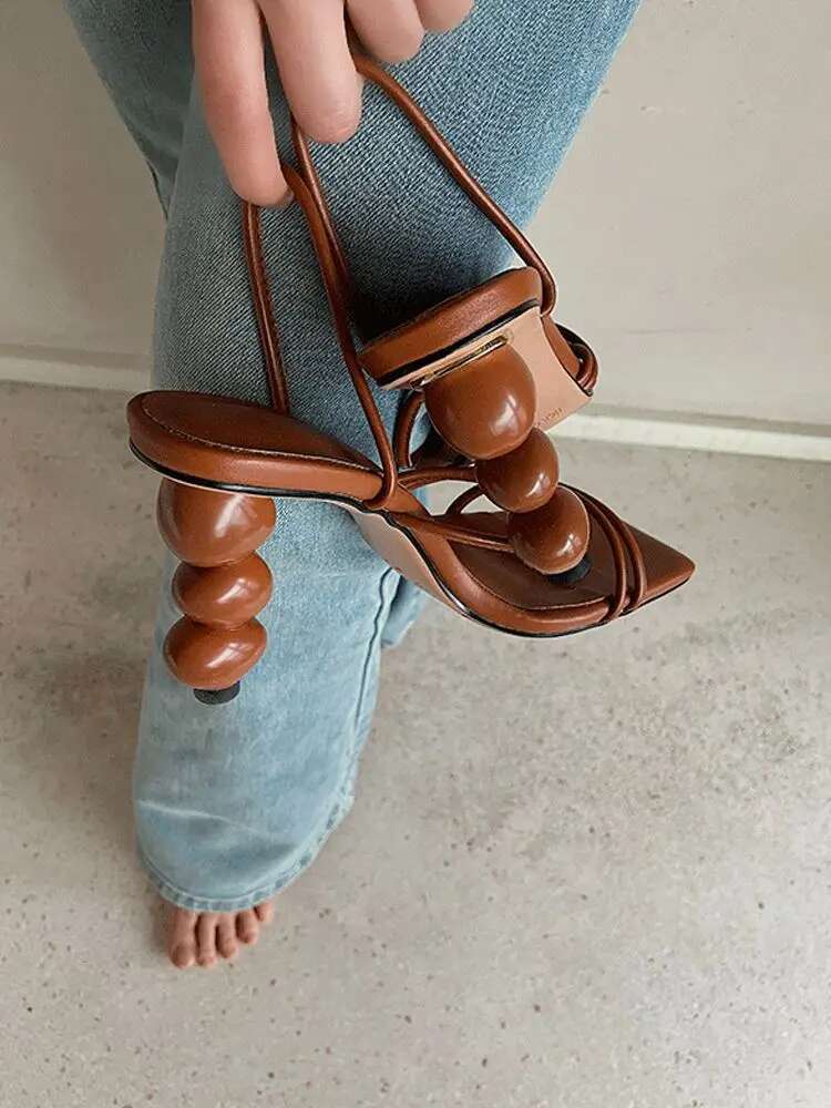 Ball Shape Square Toe Slim Straps Sgback Sandals Hollow Slip-On High Heels Women's Summer Footwear