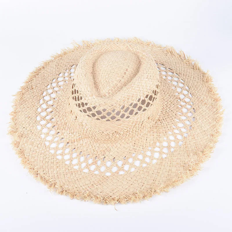 100% Raffia Natural Straw Hat Women 2025 Wide Brim Sun Protection Outdoor Summer Beach Cap Sun Hats Panama Jazz Top Cap Travel 250326
