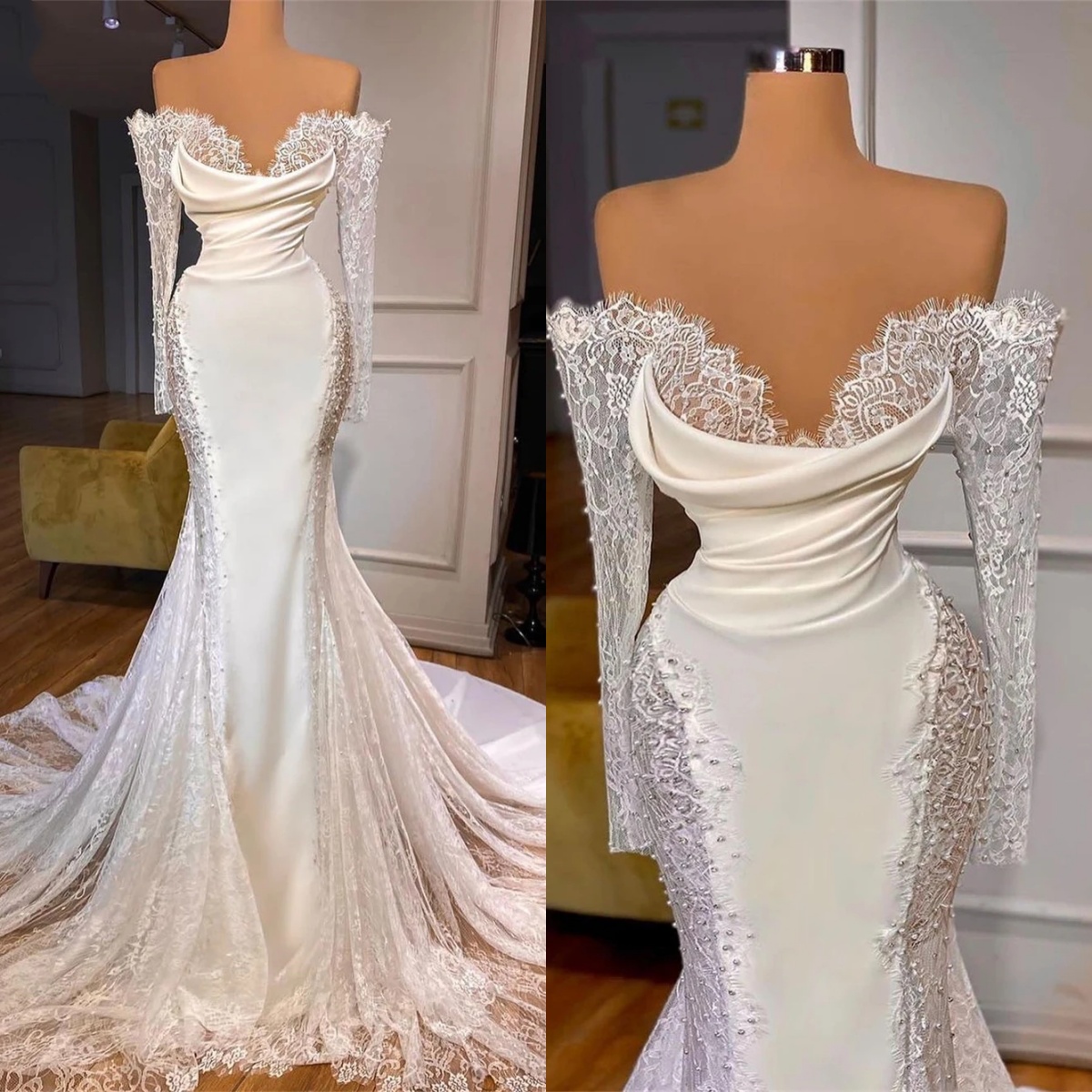 Elegant Mermaid Wedding Dress Off Shoulder Long Sleeves Bridal Gowns Lace Pearls Sweep Train Dresses Custom Made vestidos de novia
